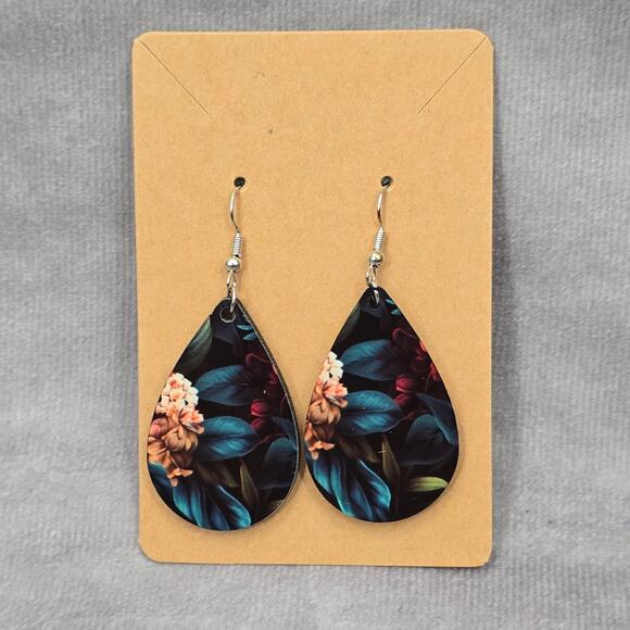 Black Teardrop Hook Floral Handmade Earrings JB1E4 - Picture 2 of 4